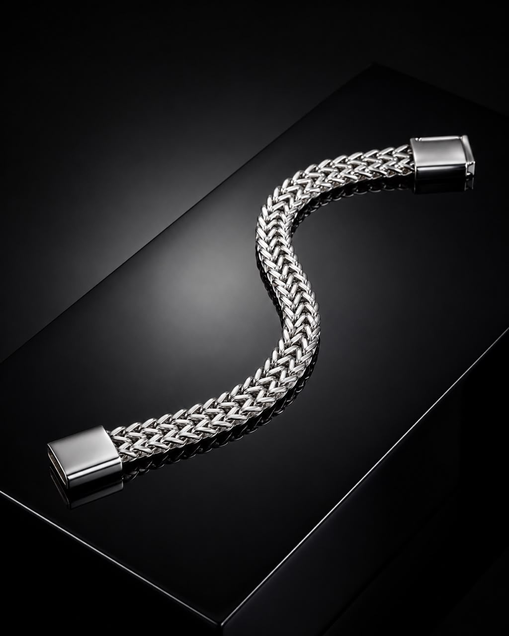 Double Chevron Mesh Link Men’s Silver-Plated Brass Bracelet