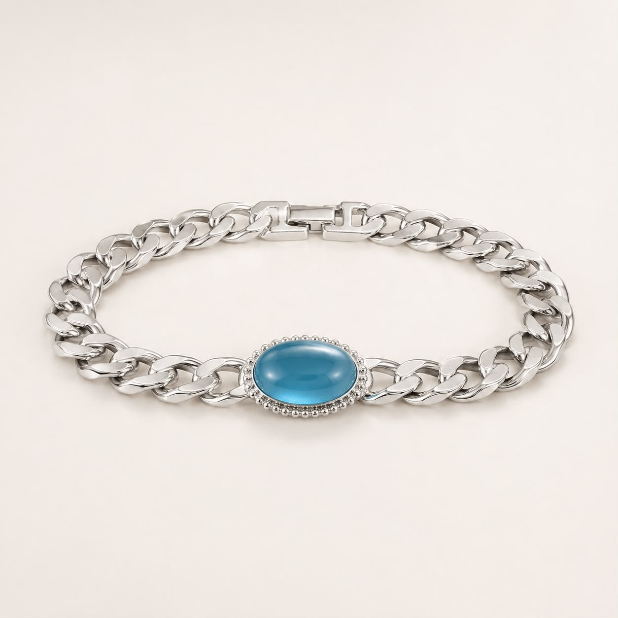 Blue Stone Curb Link Men’s Silver Polish Brass Bracelet